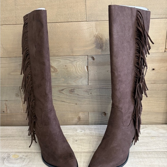 Brown Fringe Knee-High Boots, NWT - Picture 3 of 8